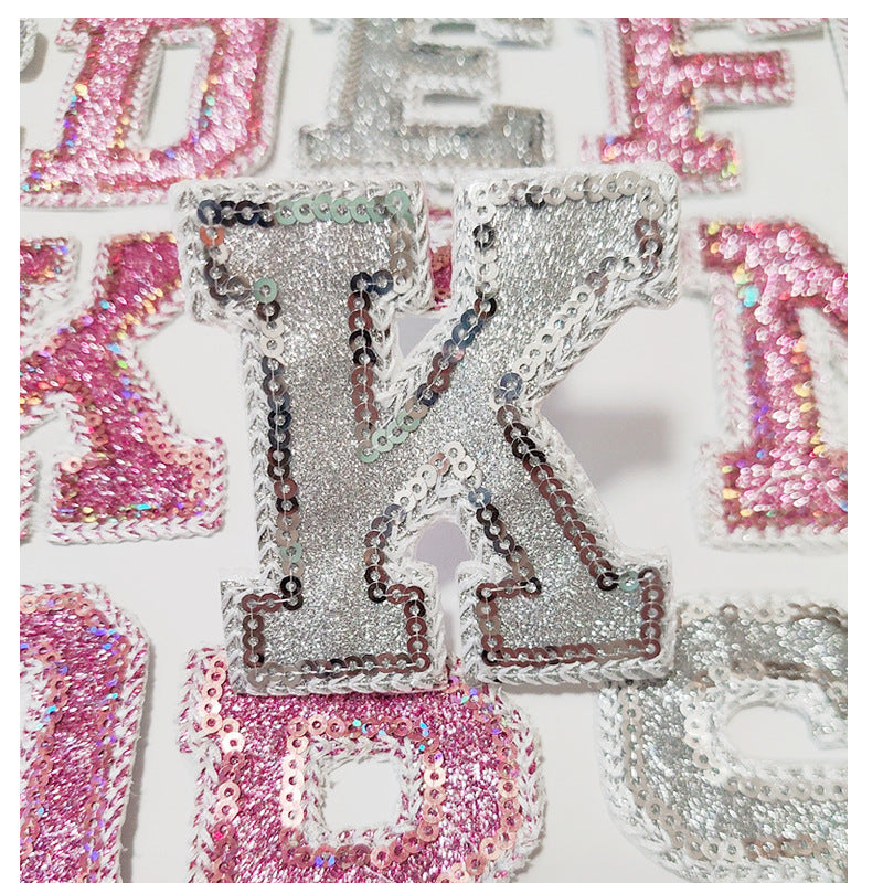 Wholesale 10pcs Pink English Alphabet Number Silver Number Embroidered Clothing Accessories Back Adhesive Patches FS